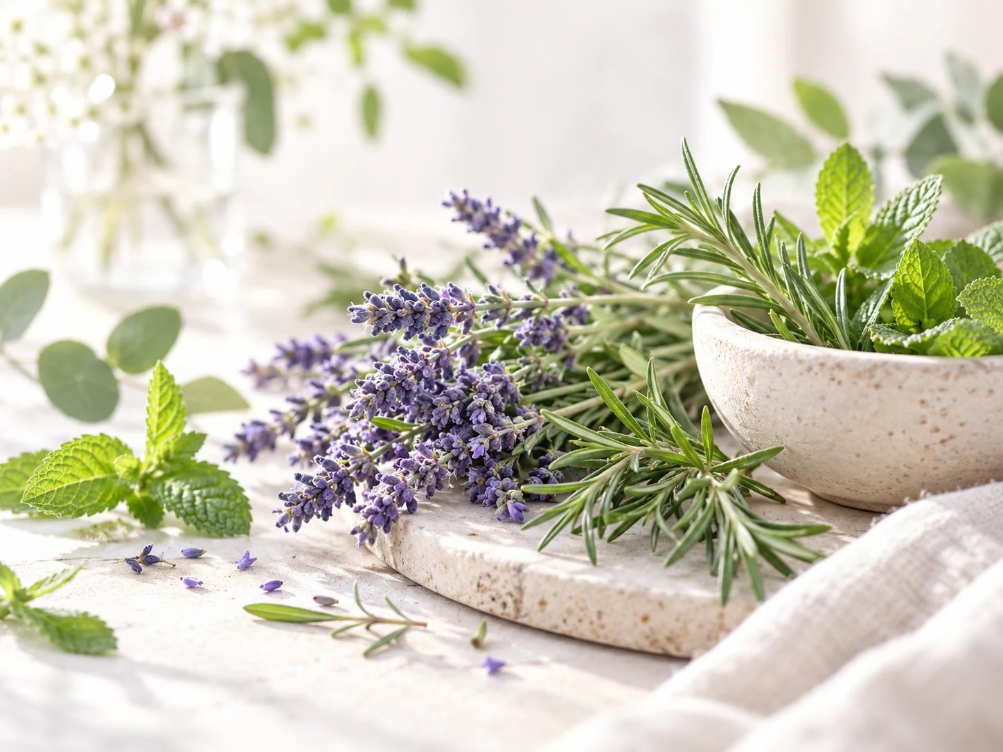 Lavendel, Rosmarin und Minze in heller natürlicher Umgebung